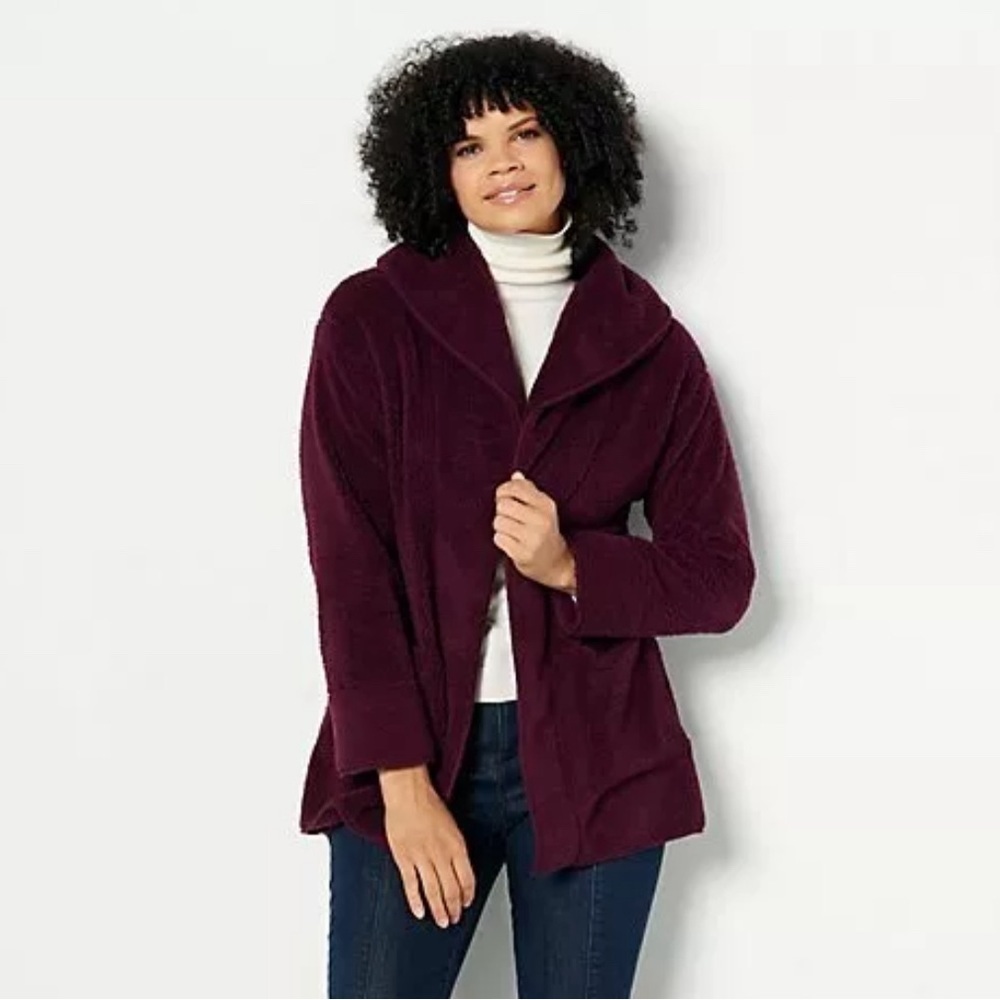 KOOLABURRA BY UGG SHERPA FLEECE SHAWL COLLAR CARDIGAN WINE MEDIUM